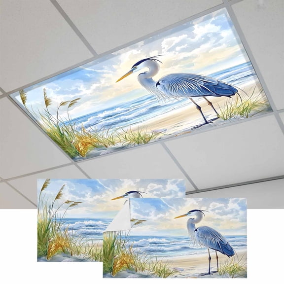 Coastal Birds Fluorescent Light Covers, Blue Sky Heron Seabird Tropical Beach Magnetic Light Covers for Ceiling Lights, Fluorescent Ceiling Shade Filters for Classroom Bedroom Office 4x2Ft x 2PCS