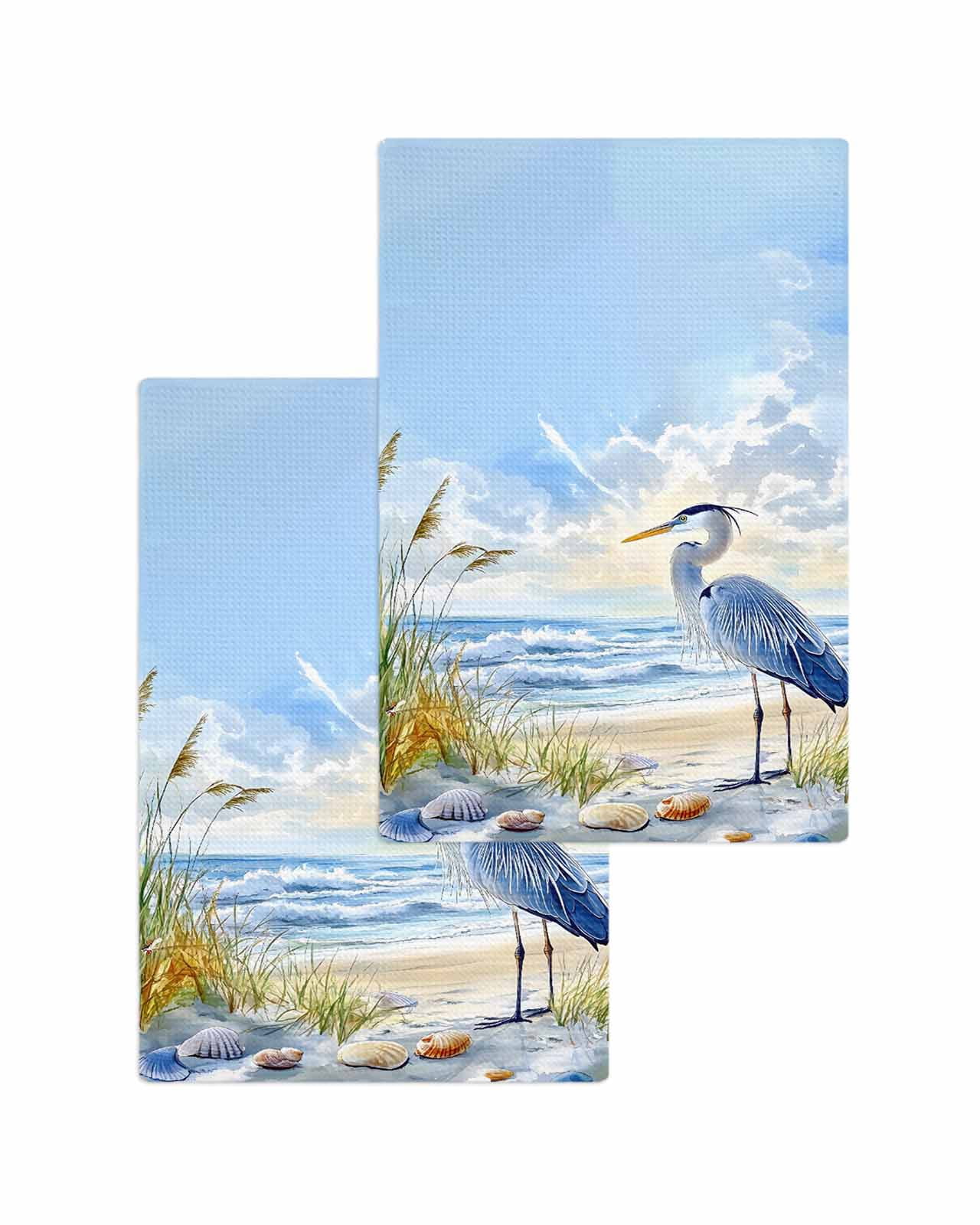 Coastal Birds Kitchen Dish Towels for Drying Dishes Set of 2, Blue Sky Heron Seabird Tropical Beach Waffle Weave Microfiber Terry Hand Tea Bathroom Towels Quick Dry & Absorbent Towel 15.7x23.6