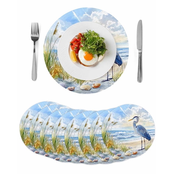 Coastal Birds Round 13 Inch Placemats Set of 8, Blue Sky Heron Seabird Tropical Beach HeatResistant Non Slip Place Mats for Dining Table, Wipeable Braided Kitchen Table Mats for Housewarming