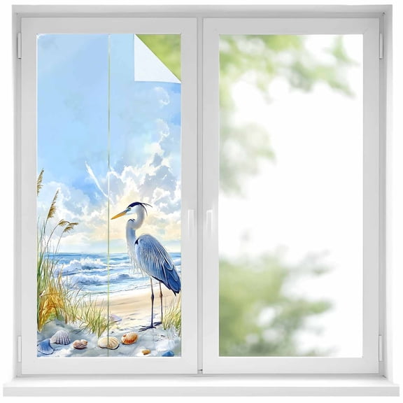 Coastal Birds Window Privacy Film, Blue Sky Heron Seabird Tropical Beach Static Cling UV Sun Blocking Heat Control Window Tint Day and Night, Non-Adhesive One Way Windows Privacy Cover 17.7''x39.3''