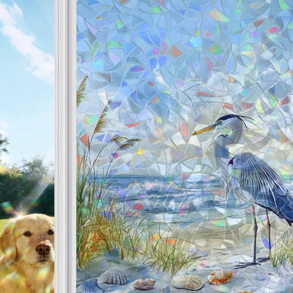 Coastal Birds Window Privacy Film Stain Glass,Reusable Decorative Rainbow Window Film,Blue Sky Heron Seabird Tropical Beach Static Cling Sun Blocking Stickers Decals Covers 17.7" x 39.3" (2pcs)