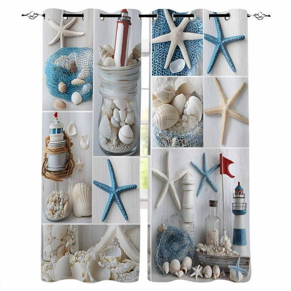 Coastal Blackout Curtains 39 Inches Long for Bedroom, Summer Beach Starfish Nautical Sea Shell Thermal Insulated Room Darkening Black Out Window Curtain Panels Grommet Drapes for Living Room