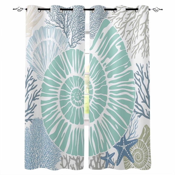 Coastal Blackout Curtains 39 Inches Long,Thermal Insualted Grommet Curtains & Drapes,Blue Starfish Teal Green Conch Ocean Coral Room Darking Curtains for Living Room Bedroom 2 Panels 27.5"W x39"L