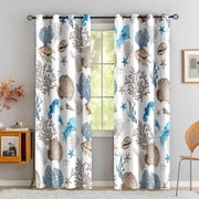 Coastal Blackout Curtains for Bedroom 63 inch Long 2 Panels, Blue and White Beach Ocean Coral Seashell Starfish Nautical Curtains for Living Room Decor, Grommet Window Drapes, 42Wx63L