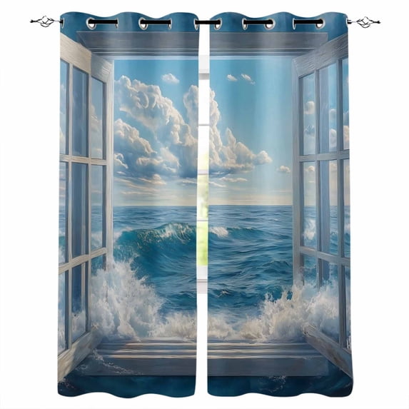 Coastal Blackout Curtains for Bedroom/Living Room, Thermal Insulated Kitchen Curtains, Window Nautical Beach Blue Seaside Grommet Darkening Window Treatment Drapes 42"x63"x2