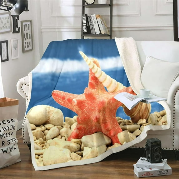 Coastal Blanket,Blue Ocean Beach Throw Blanket Starfish Conch Fleece Blanket for Kids Boys Girls Adults Marine Life Sea Animal Fuzzy Blanket for Bed Sofa Couch Throw 50"x60"