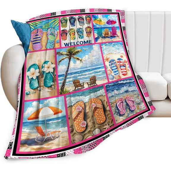 Coastal Blanket Ultra Soft Cozy Ocean Beach Palm Tree Blanket Fleece Fuzzy Plush Bedding Blanket Beach Flip-Flops Decor Gifts for Women Women Adults Couch Sofa 50"x40"