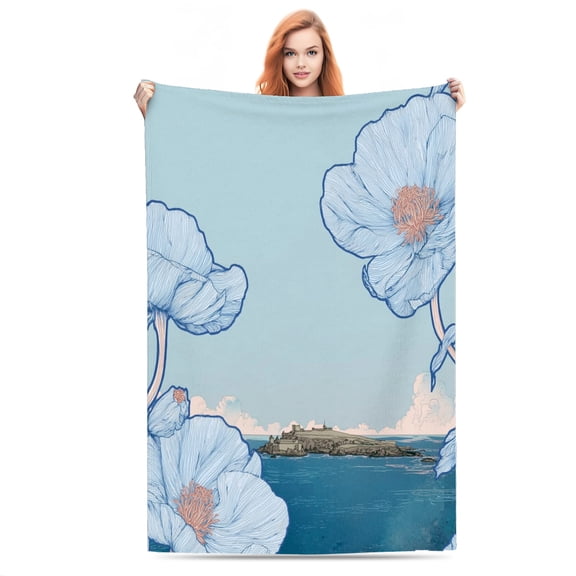 Coastal Blooms Over Ocean Lightweight Flannel Printed Blanket - Ultra Soft & Warm, All-Season Cozy Plush for Couch, Bed, Office, Camping Nap - Perfect Decorative Gift