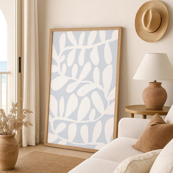 Coastal Blue Abstract Botanical Wall Art, Minimalist Beach House Decor, Modern Leaf Print, Neutral Wall Art For Boho Living Room Home Decor #4100, Unframed Poster Size 24x36