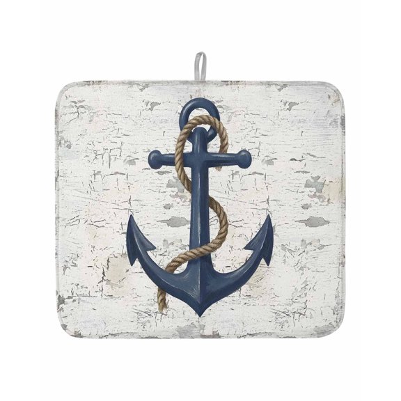 Coastal Blue Anchor Dish Drying Mats for Kitchen Counter,Absorbent Microfiber Dish Drainer Rack Mat Summer Nautical Theme Retro Style Drying Pad for Sinks,Utensils,Countertops,16x18in