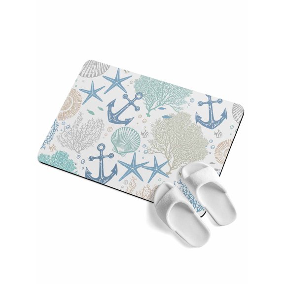 Coastal Blue Anchor Soft Diatomaceous Earth Mat, Summer Starfish Shell Coral Nautical Ocean Absorbent Bath Mat Non Slip Rubber Backed Quick Dry Doormat Fit Under Door for Bathroom Kitchen 16"x24"