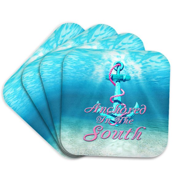 3drose, Coastal Blue and Pink Anchor in the South Sailing Gift., Set of 4 Coasters - Soft