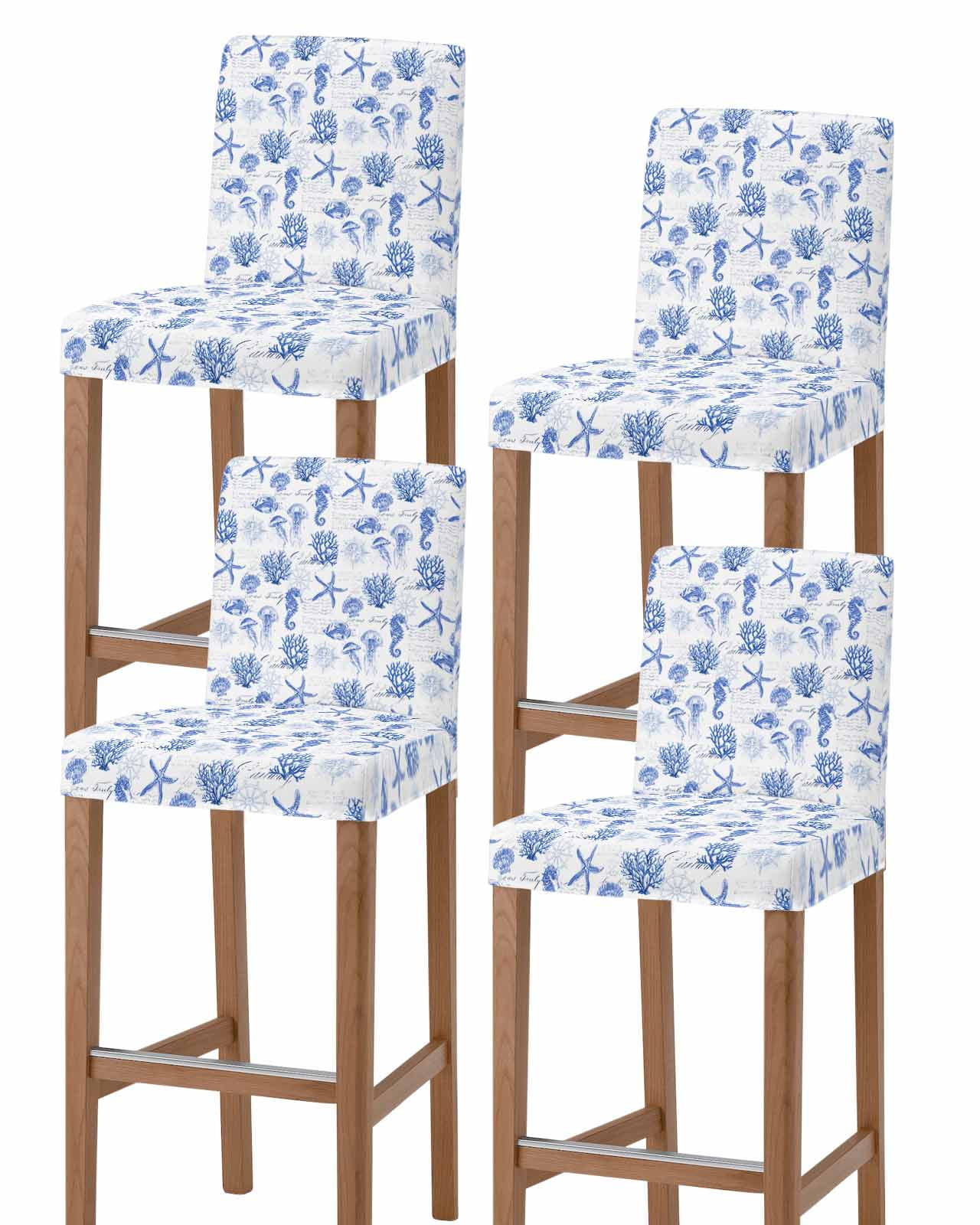 Coastal Blue Bar Stool Chair Covers Set of 4 with Back,Nautical Ocean