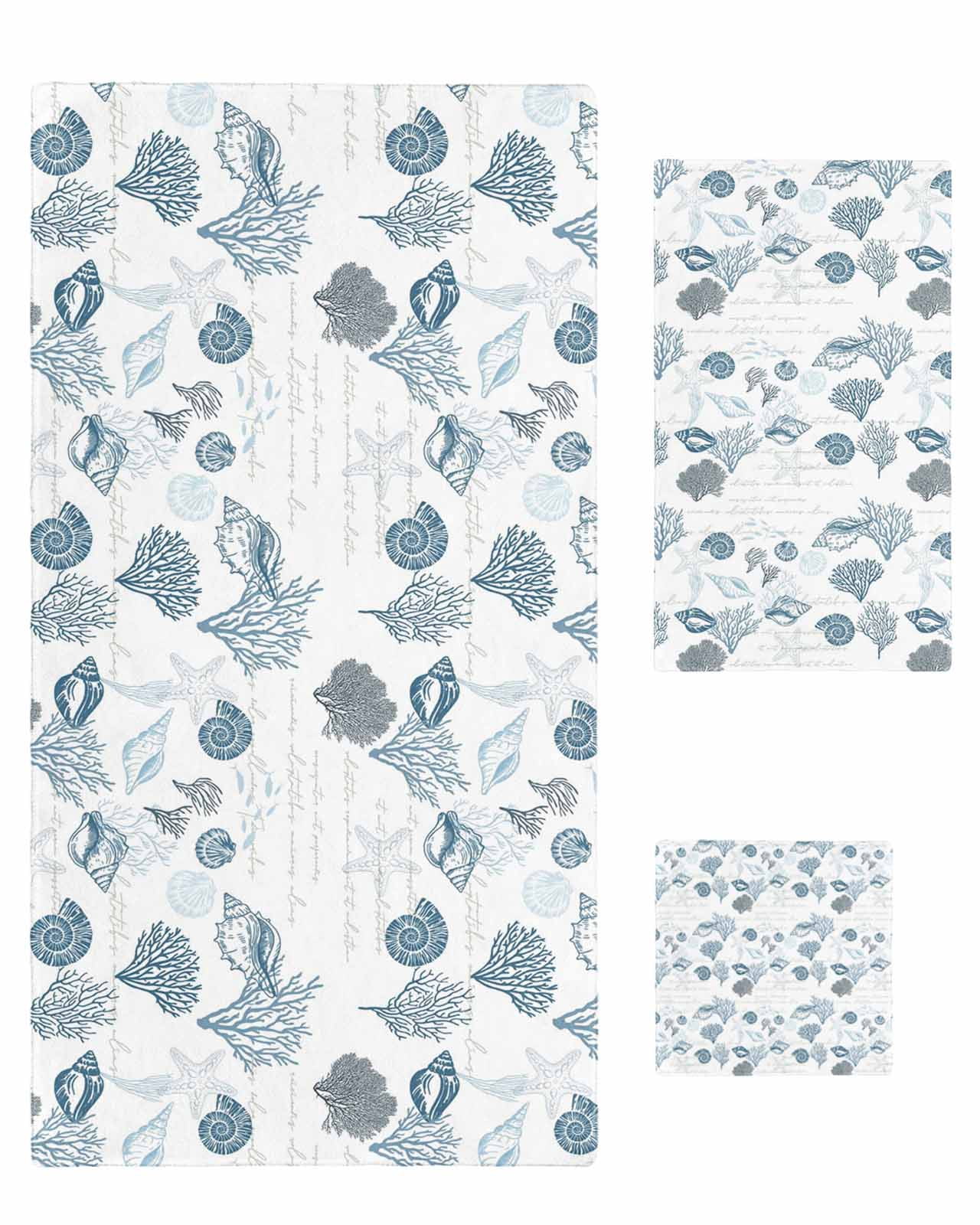 Coastal Blue Bath Towels for Bathroom Set,Luxury Microfiber Towels Gifts for Women,Quick Dry Beach Hand Hair Face Towel and Dish Washcloth,Retro Ocean Coral Shell Starfish Seahorse Towels+Set