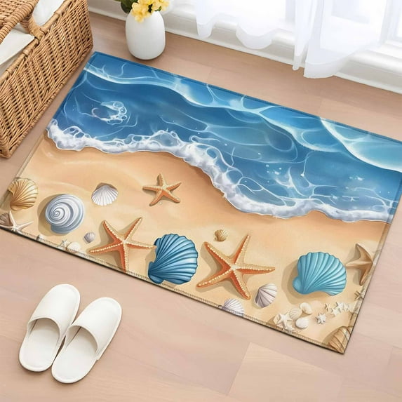 Coastal Blue Bathroom Rug Washable 2x3 Entryway Rug Non Slip Cartoon ...