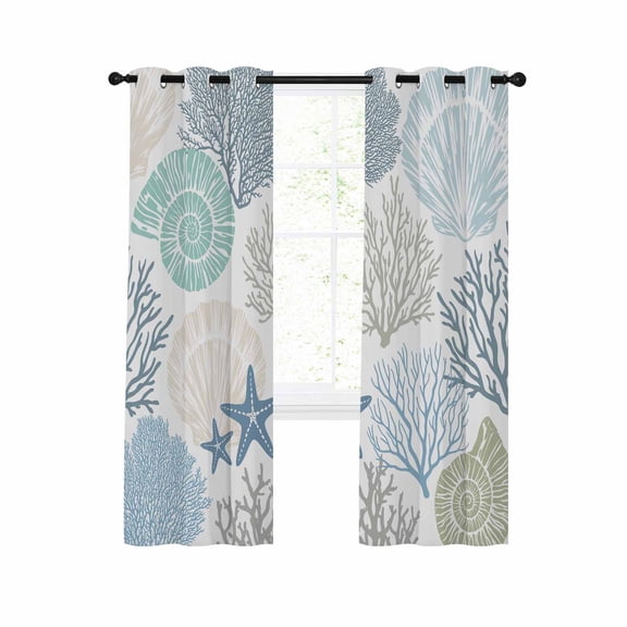 Coastal Blue Blackout Curtains 39 Inches Long for Bedroom, Ocean Coral Starfish Shell Modern Sea Thermal Insulated Room Darkening Black Out Window Curtain Panels Grommet Drapes for Living Room