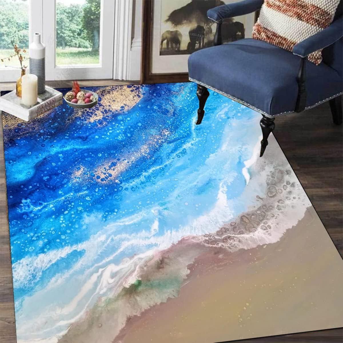 Coastal Blue Brown Bubble Gold Ombre Modern Area Rug For Living Room ...