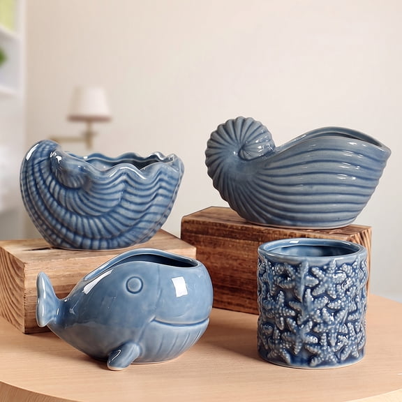 Coastal Blue Ceramic Succulent Pots Set of 4, Ocean Theme Seashell Nautilus Whale Shaped Small Planters with Drainage Hole, Decorative Plant Pots for Indoor Plants