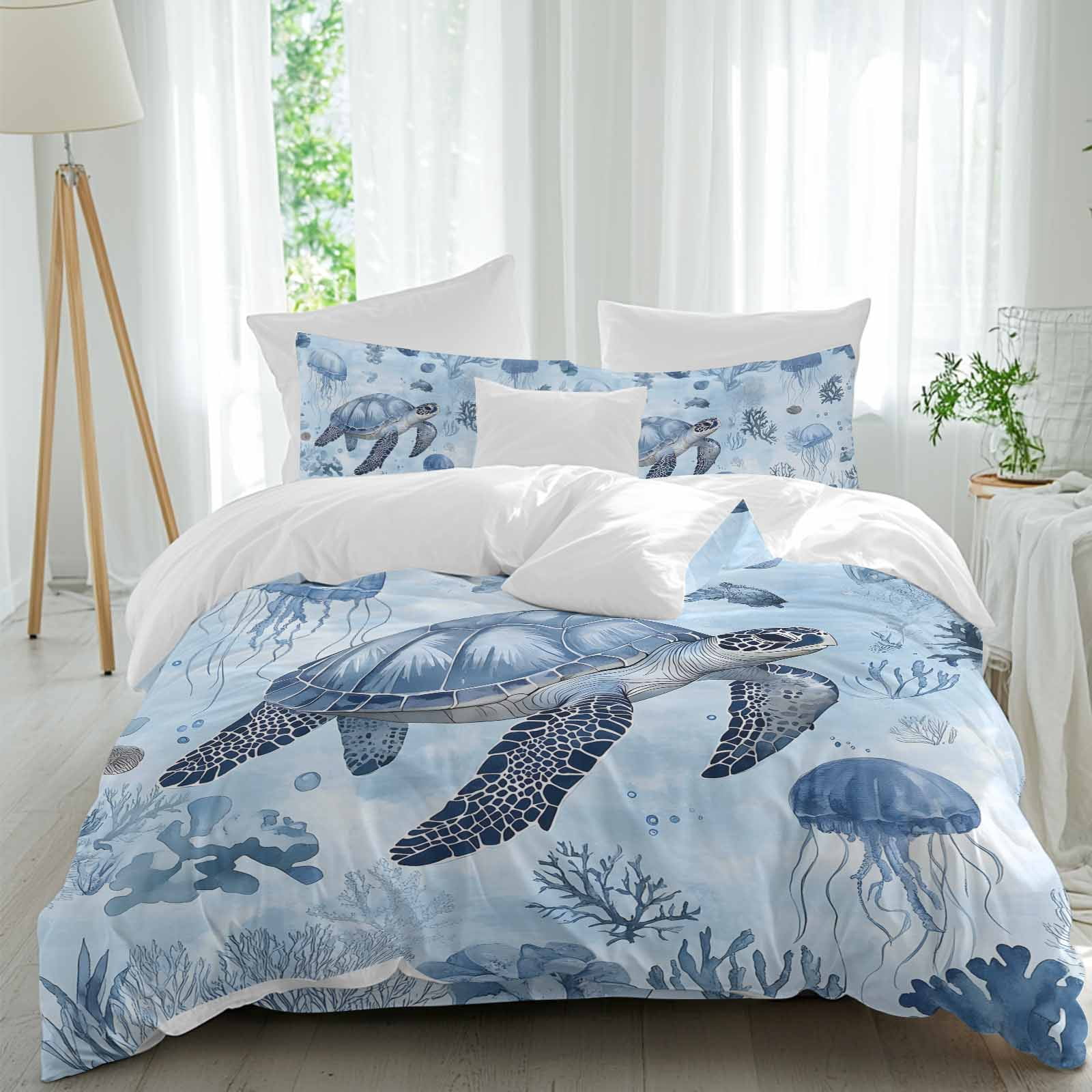 Coastal Blue Comforter Set Full Size, Sea Turtles Jellyfish Corals ...