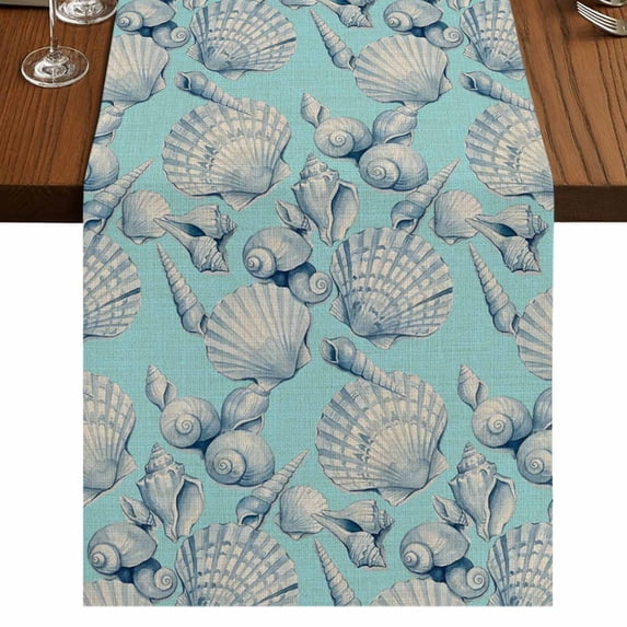 Coastal Blue Conch Burlap Cotton Table Runner 18x72 Inches Long, Retro ...