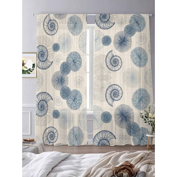 Coastal Blue Conch Shells Ocean Flora Sheer Curtains 2 Panels Set Vintage Linen Lihgt Filtering Rod Pocket Voile Drape,Semi Sheer Window Curtains for Bedroom Living Room,52"x84"