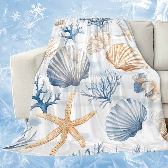 Coastal Blue Cooling Blanket, Lightweight Breathable Summer Throw Blanket with Double Sided Cold Effect,Coral Starfish Seashells Beach Summer Picnic Beach Blankets Bed Sheet for Hot Sleepers 30"x40"