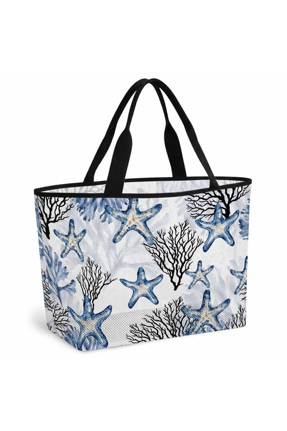 Coastal Blue Coral Beach Bag for Women, Large Breathable Mesh Beach Tote Bag, Summer Ocean Starfish Nautical Vintage Sandproof Lightweight Travel Bags for Vacation Picnic Swimming Pool