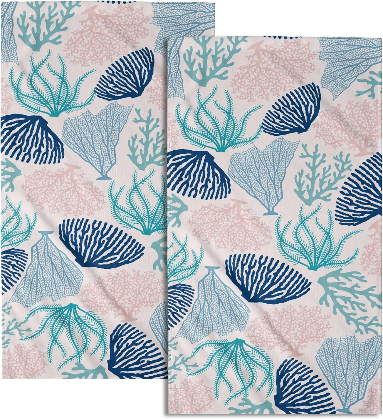 Coastal Blue Coral Hand Towels 28 x 14 Inch Pack of 2, Navy Teal Pink Ocean Marine Soft Absorbent Decorative Towel for Gym Spa Home Bathroom Kitchen