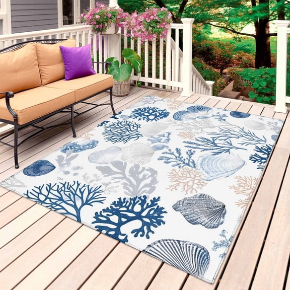 Coastal Blue Coral Outdoor Rug 5x8 Ft, Non Slip Washable Area Rug, Summer Watercolor Ocean Sea Shell Patio Rugs Carpet Runner, Large Floor Mat for Indoor/Outdoor Deck Porch Camping
