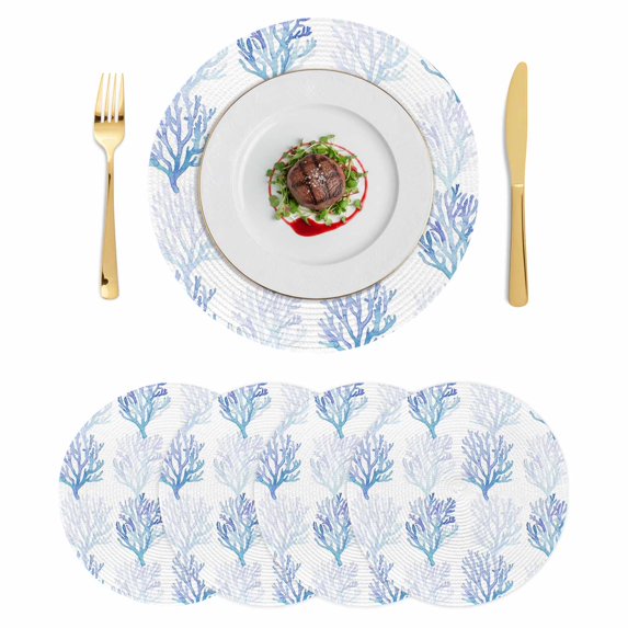 Coastal Blue Coral Round 15 Inch Placemats Set of 4, Nautical Ocean Seaside Beach HeatResistant Non Slip Place Mats for Dining Table, Wipeable Braided Kitchen Table Mats for Housewarming