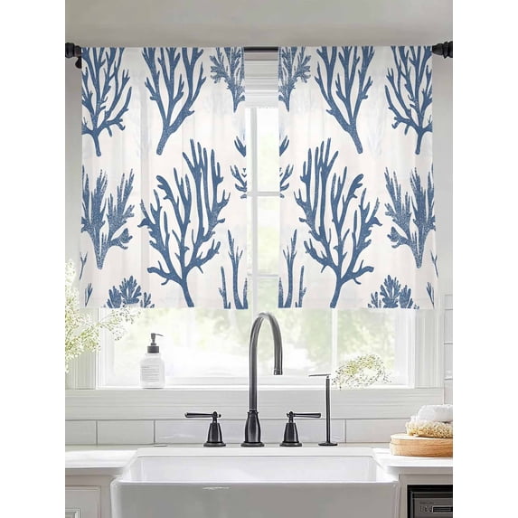 Coastal Blue Coral Sheer Curtains for Living Room Bedroom Summer Watercolor Ocean Sheer Curtains 45 Inch Long 2 Panels Set Light Filtering Curtain Window Treatments Drapes for Dining Room