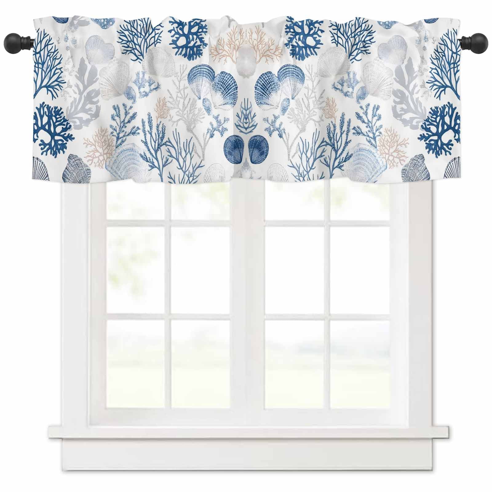 Coastal Blue Coral Valances for Windows Farmhouse Kitchen Curtains ...