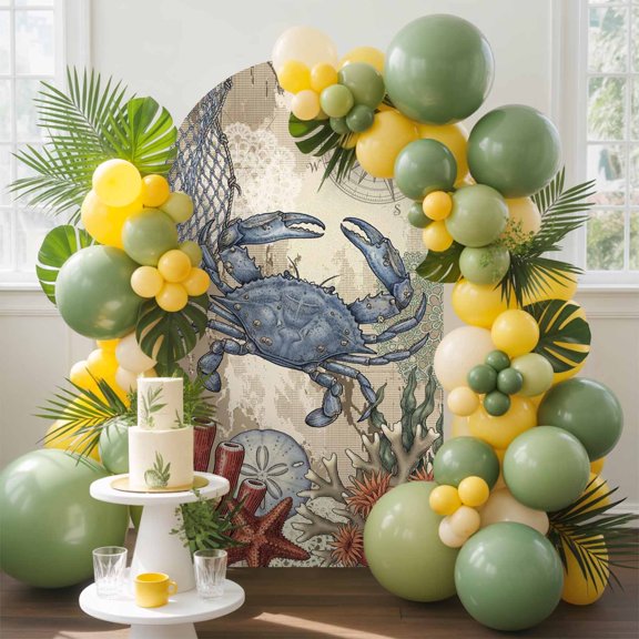 Coastal Blue Crab Arch Backdrop Cover, 4FT, Vintage Nautical Compass Coral Ocean Theme Spandex Arch Covers Double-Sided Backdrop for Wedding Birthday Party Photo Background Decoration