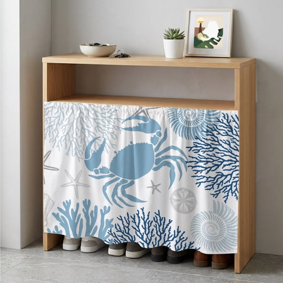Coastal Blue Crab Cabinet Curtain 35"Wx35"L,Dustproof Under Sink Skirt with Self Adhesive Tape,Coral Starfish Ocean Conch Nautical Cabinet Curtain Cover for Kitchen Sink,Bathroom Vanity,Laundry Room