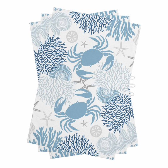 Coastal Blue Crab Kitchen Towels Set of 3, Water Absorbent Dish Towel, Coral Starfish Ocean Conch Nautical Decorative Hand Towels - Quick Drying Cloth for Cooking Baking, 18x28 Inch