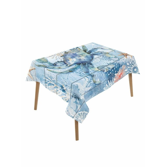 Coastal Blue Crab Table Cloth, Ocean Nautical Starfish Coral Wooden Waterproof Tablecloth for Rectangle Tables, Reusable Washable Fabric Table Cover for Restaurant Kitchen Dining Tables 52"x70"