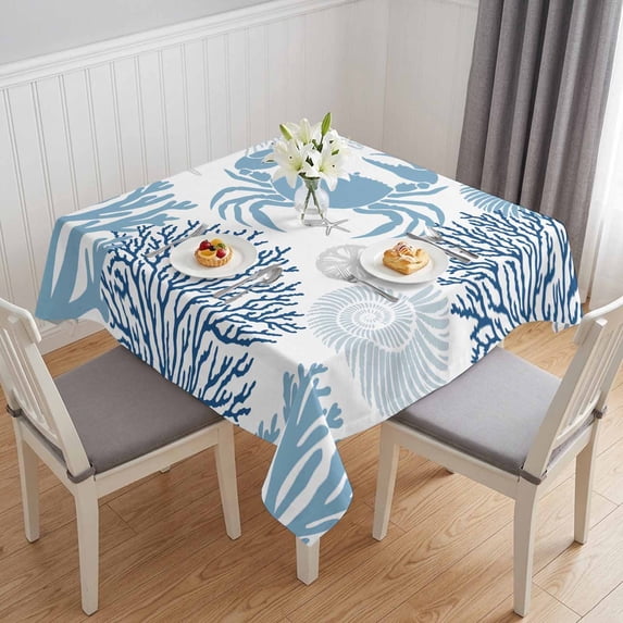 Coastal Blue Crab Table Cloth Waterproof Tablecloths, Coral Starfish Ocean Conch Nautical Tablecloth Dining Table Cover for Kitchen Party Tabletop Outdoor, Square Tablecloth 54x54 Inch