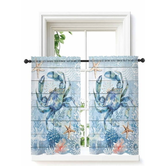 Coastal Blue Crab Tier Curtains 45 Inch Length,Sheer Curtains for Bedroom Living Room,Ocean Nautical Starfish Coral Wooden Rod Pocket Voile Drapes Kitchen Curtains for Small Window 27.5"x45" 2 Panels