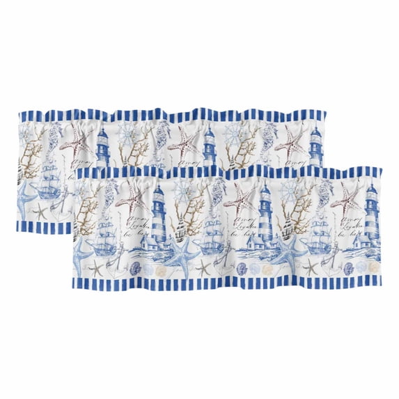 Coastal Blue Curtain Valances for Windows, Kitchen Valance Window Treatments Panel 2 Pack, Ocean Nautical Lighthouse Starfish Anchor Rod Pocket Short Curtains for Bathroom Bedroom 60 x 18 Inch