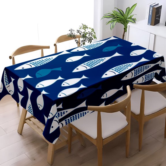 Coastal Blue Fish Print Tablecloth, Living Room Kitchen Dining Multi-scene Decor, Nautical Home Table Cover, Thanksgiving Christmas Gift