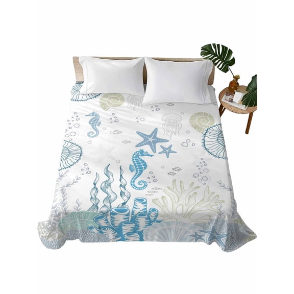 Coastal Blue Flat Sheet Only Twin Size, Soft Breathable Bed Top Sheets for Mattress, Ocean Coral Starfish Jellyfish Seahorse Luxury Bedding Flat Sheets for Home Hotel Bedroom Bed Protection