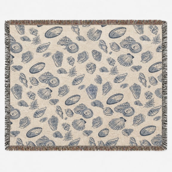 Coastal Blue Gray Seashell Pattern Woven Cotton Throw Blanket with Fringe, Nautical Living Room Decor