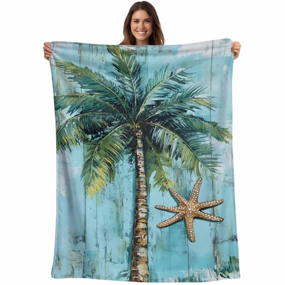 Coastal Blue Green Blanket Soft Cozy Warm Twin Blanket for Bed, Plush Fuzzy Flannel Fleece Blankets for Sofa, Ocean Beach Tropical Plant Starfish Throw Blankets for Couch, Gifts for Men, 60"x80"