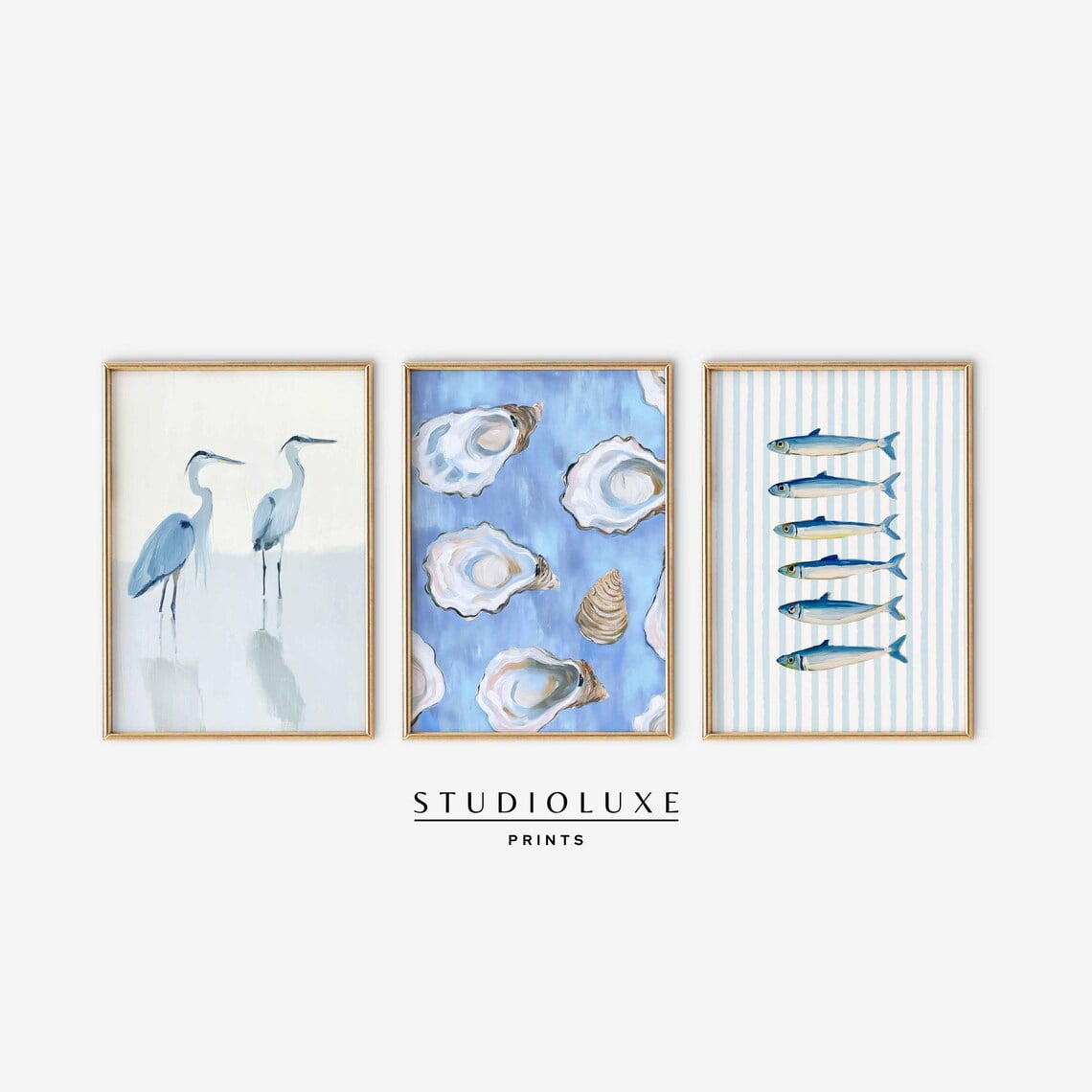 Coastal Blue Heron Oyster And Fish Nautical Beach House Wall Art ...