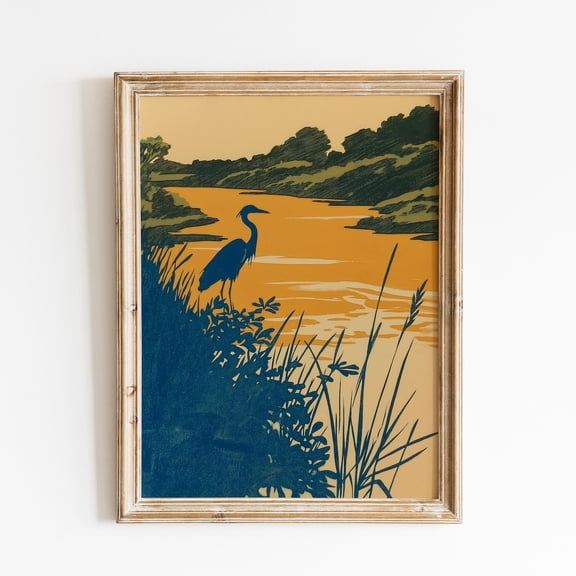 Coastal Blue Heron River Wildlife Wall Art Decor Unframed Paper Print