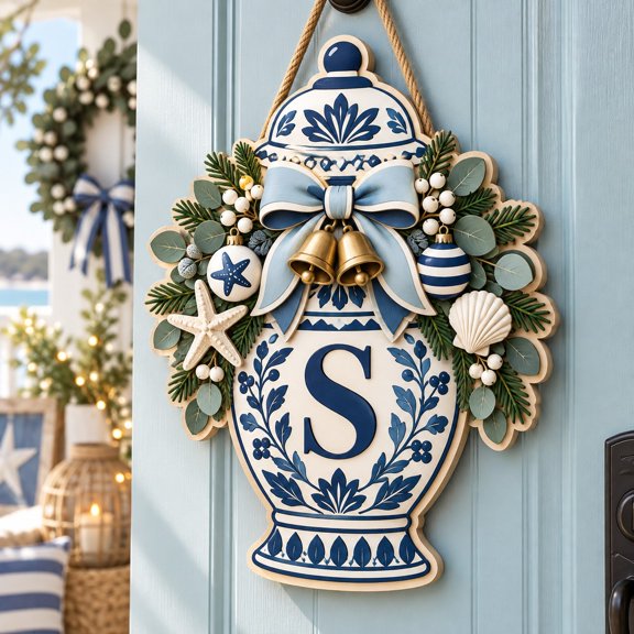 Coastal Blue Holiday Vase Monogram Wooden Door Sign for Christmas Entryway
