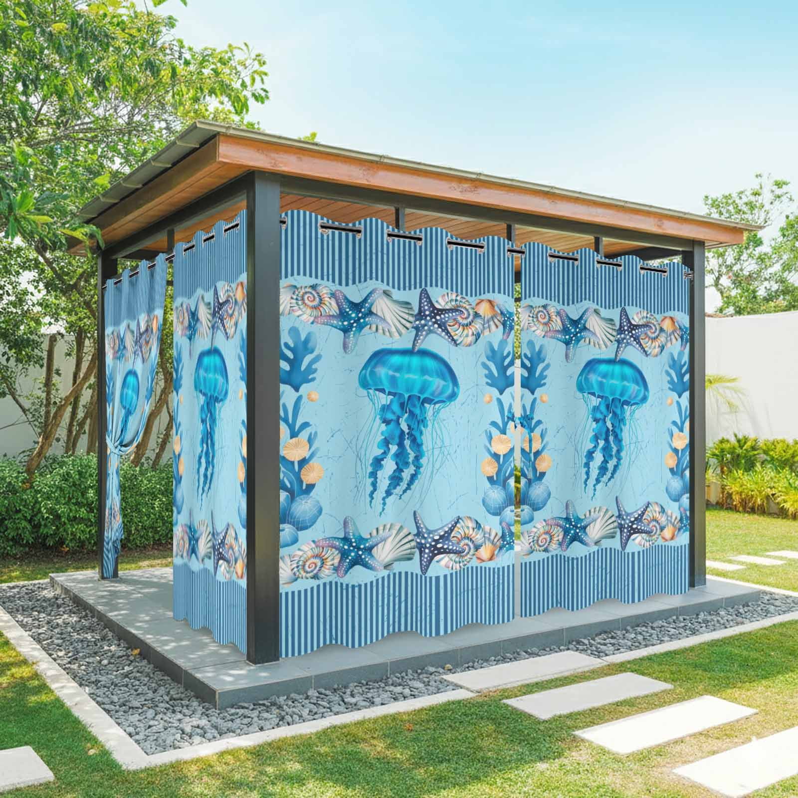 Coastal Blue Jellyfish Outdoor Curtains for Patio Waterproof, Grommet ...