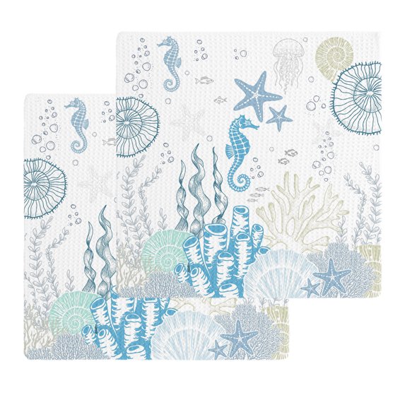 Coastal Blue Kitchen Dish Towels for Drying Dishes Set of 2, Ocean Coral Starfish Jellyfish Seahorse Waffle Weave Microfiber Hand Tea Bathroom Towels Quick Dry & Absorbent Towel 12x12