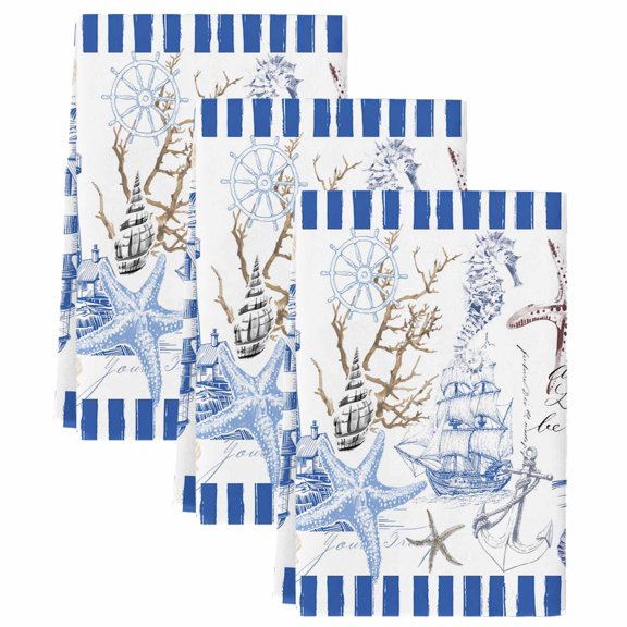 Coastal Blue Kitchen Towels Set of 3, Absorbent Microfiber Dish Tea Towels with Hanging Loop, Ocean Nautical Lighthouse Starfish Anchor Resuable Hand Towel for Home Kitchen Cooking Cleaning 18"x28"