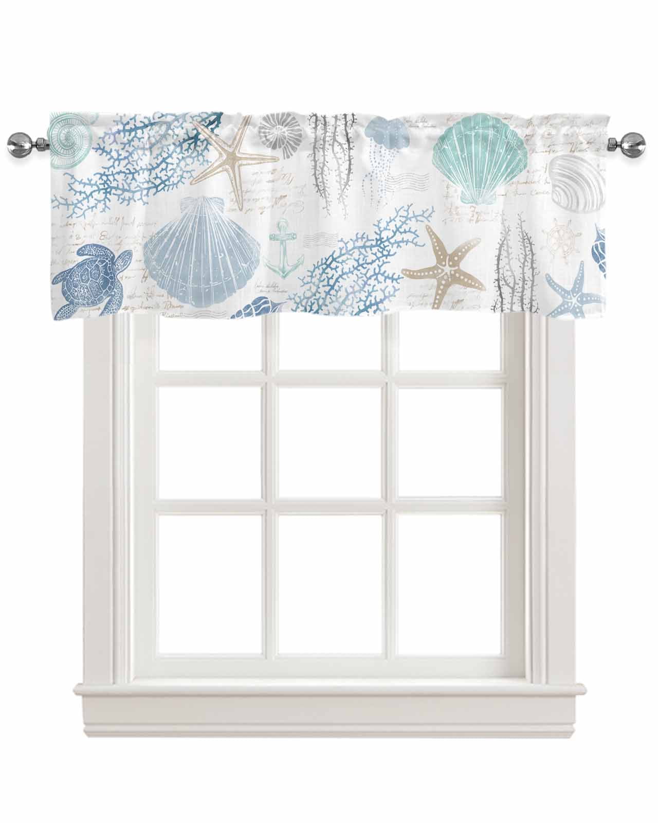 Coastal Blue Linen Curtain Valance for Bedroom/Bathroom/Kitchen/Living/Dining Room Window,Nautical Turtle Shell Starfish Anchor Coral Pocket Topper Drapes Decorative Cafe Drapery Panel 42"x18"